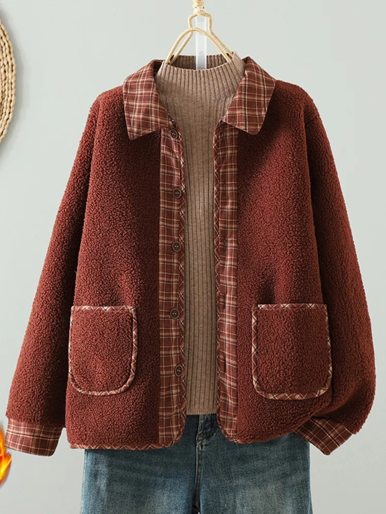 Trendy Patchwork Plaid Particelle di grandi dimensioni Fce Cotton Jaet Donna Inverno Mamma Vestiti Cappotto di cotone caldo e sciolto in pelliccia di agnello