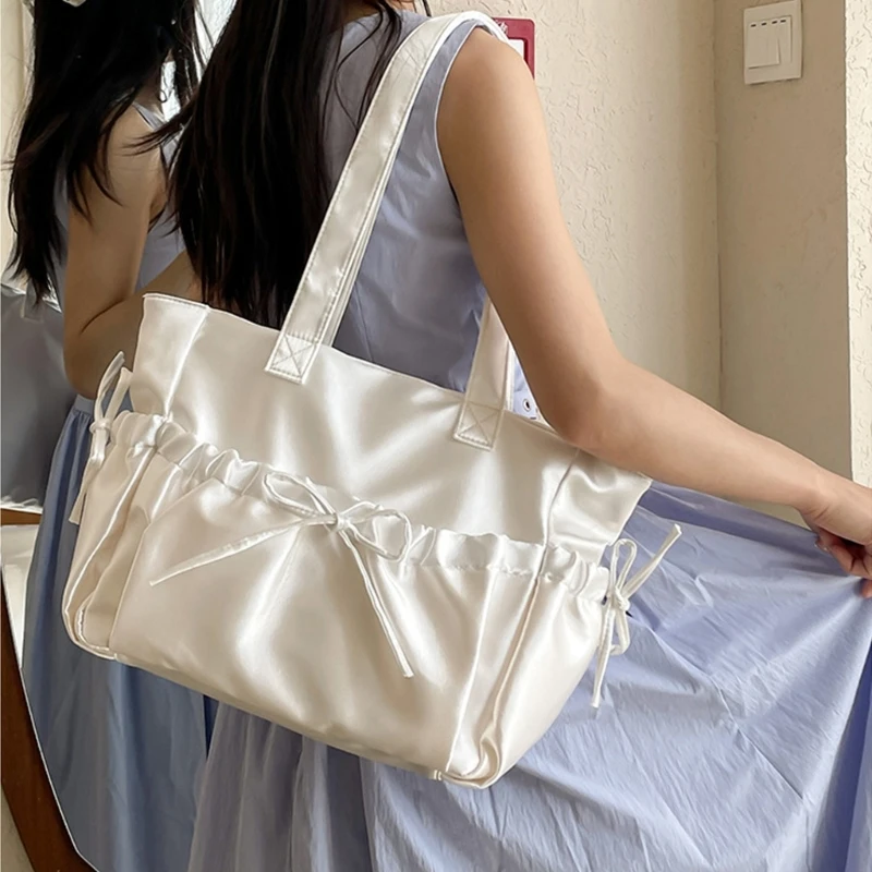 E74b bolsa feminina estilo japonês doce plissada com laço bolsa ombro escola menina cor sólida bolsa nylon