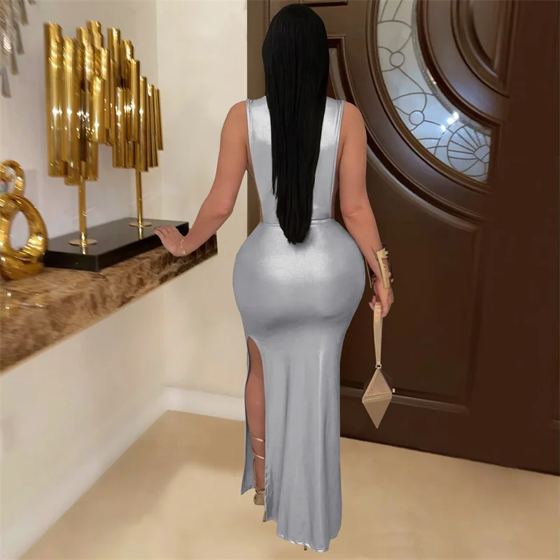 Doyerl Elegante Mettalic Party Avondjurken Vrouwen Nachtclub Celebrity Metalen Ring Lint Ruches Prom Bodycon Maxi Jurk Gewaden