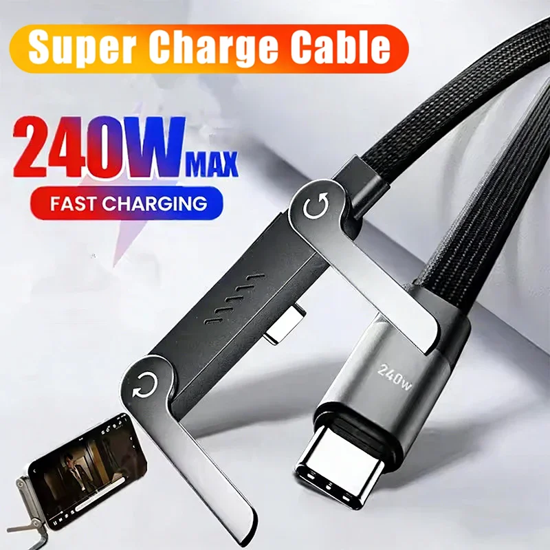 2-in-1 240W Braided Cable Foldable Phone Stand USB C to Type C Fast Charging T-Shaped Charger Data Cord for iPhone 17 16 Samsung
