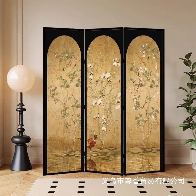 French Medieval Floral Bird Folding Screen Room Divider Portable Partition for Living Room Office Bedroom Entrance Decor