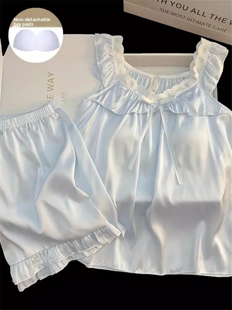 

Blue Ice Silk Strap Sleepwear Women's Home Clothes Set with Chest Pad Summer New Style Pure Desire High-End Home Suit