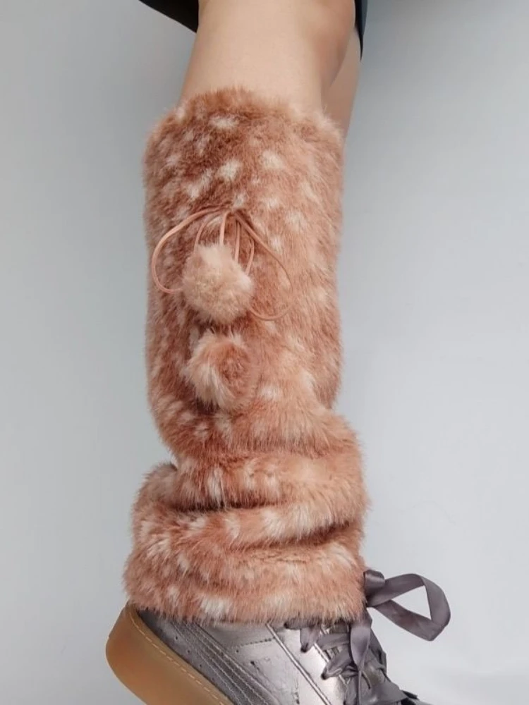 Y2k Vintage Faux Fur Leg Warmers Deer Pattern Girl Harajuku Winter Warm Furry Boots Cover Socks Jk Lolita Bandage Accessories