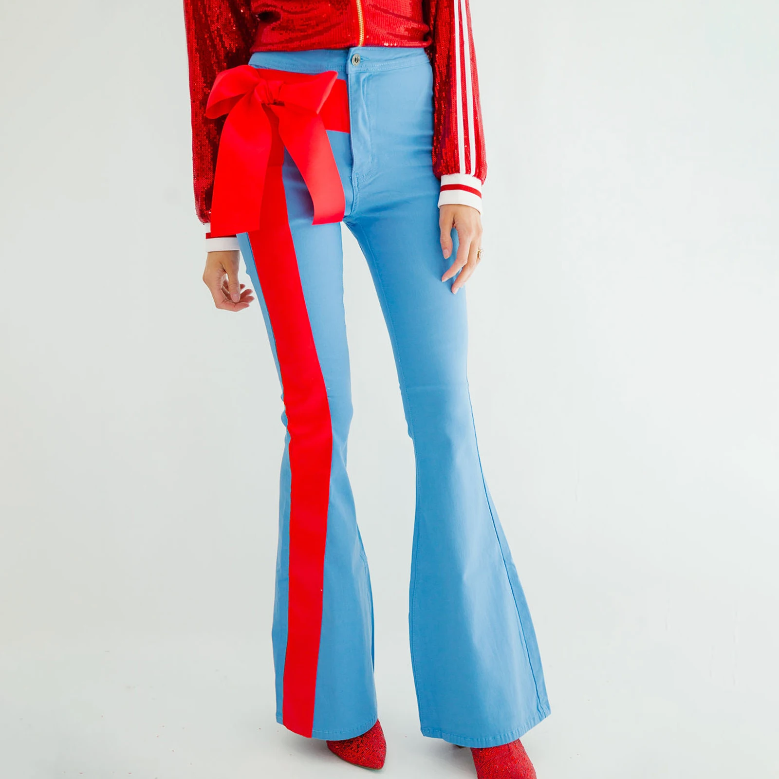 Christmas Patchwork Bow Appliques Women’s Flare Pants Mid Waist Bow Front Flare Pants Bell-Bottoms Trousers