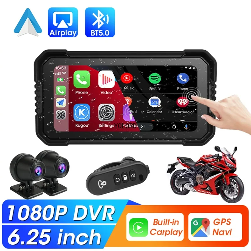 Portátil 6.25 polegadas navegação da motocicleta sem fio carplay android auto tela de toque à prova dwaterproof água moto monitor