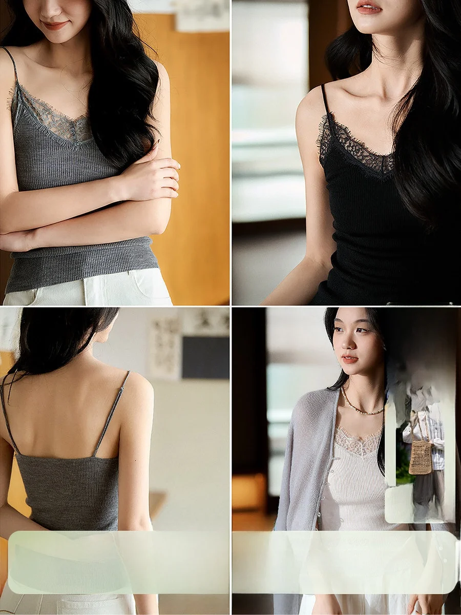 

Alice Strap Waable 20S Yangzhou Wool Lace Patchwork Knitted Vest New Sle Soft Camere V-ne ort Length Breathable