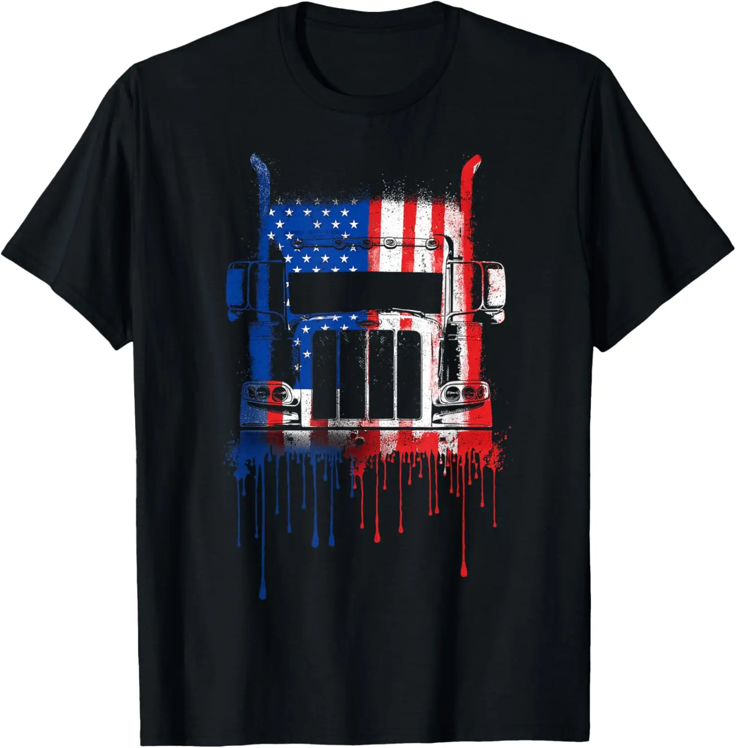 Trucker Truck Driver Semi American Flag USA Drip Graffiti T-Shirt 100% Cotton Trendy Y2K Short-Sleeve Tee-Soft, Quick-Drying,