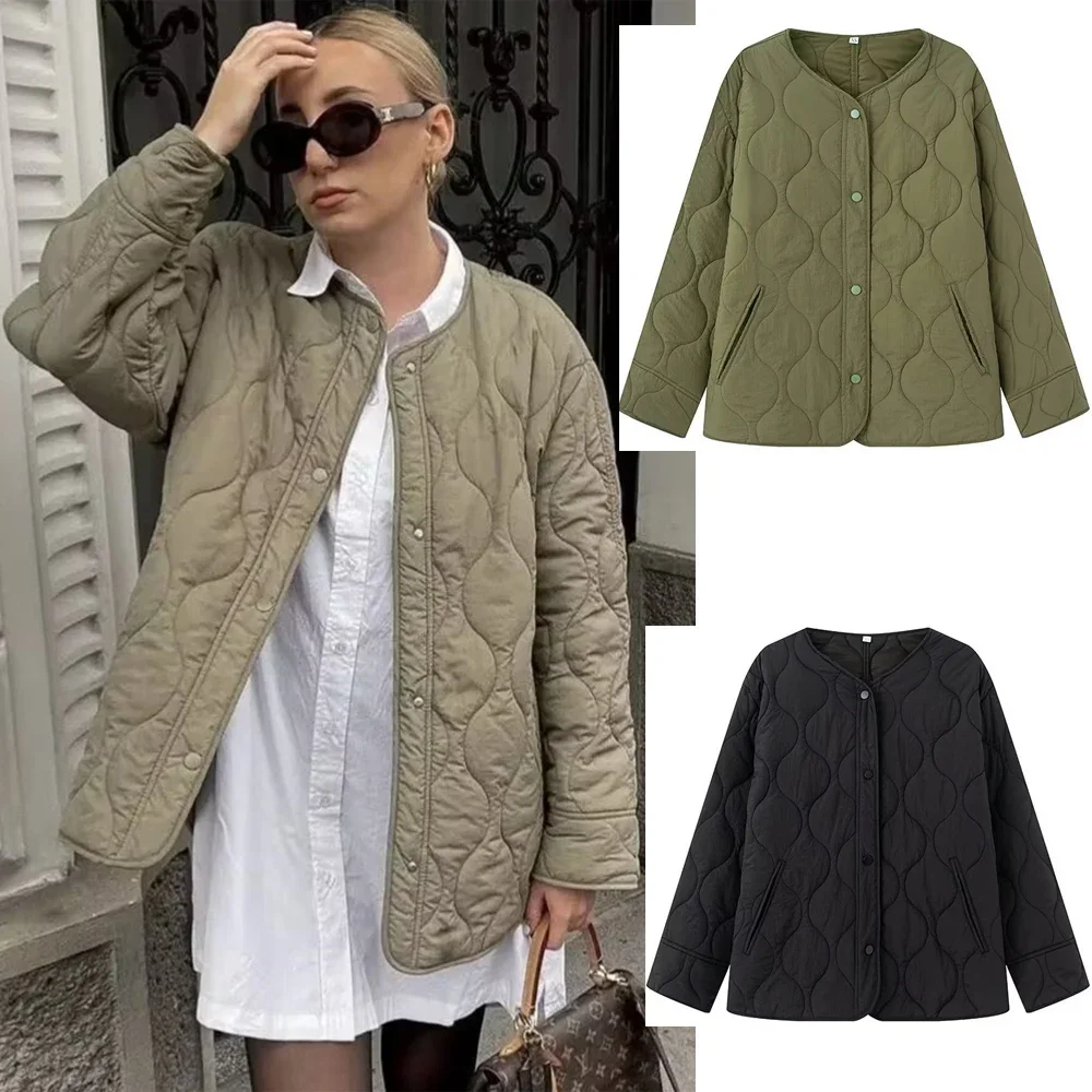 

Модная хлопковая куртка с длинным рукавом и круглым вырезом, свободная верхняя одежда для женщин, черная стеганая куртка, женское стеганое демисезонное пальто