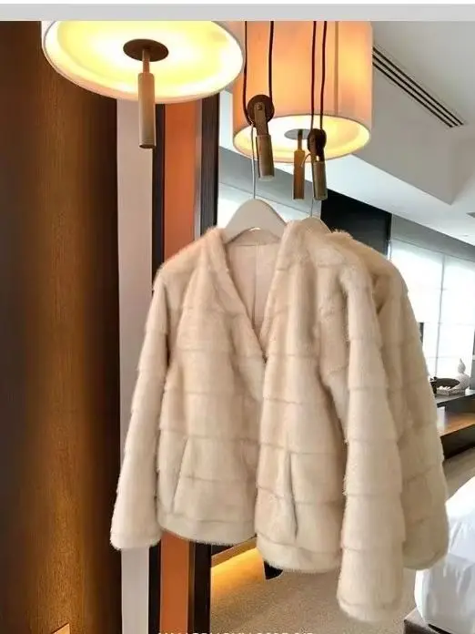 2026 New Women Warm Thick Cropped Fur Coat Crew Neck Open Front Solid Long Sleeve Pocket Autumn Winter