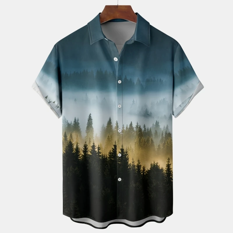 Hawaiian Shirt For Men Short Sleeve Printed T-Shirt Summer Loose Lapel Button Shirts Forest Graphic Top Oversized Men's Clothing