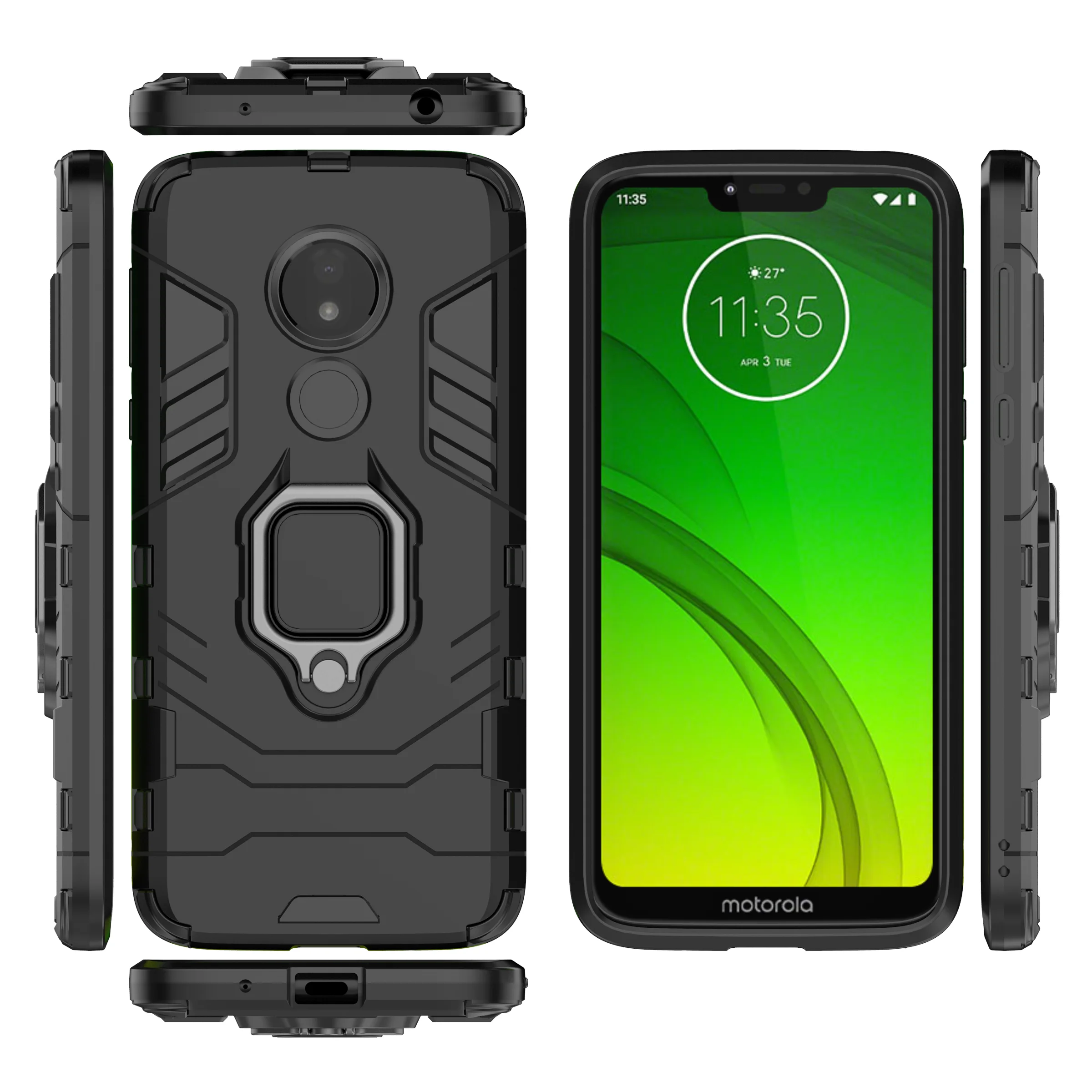 Armor Shockproof Case For Motorola G7 Play Power Bumper Metal Ring Stand Back Cover