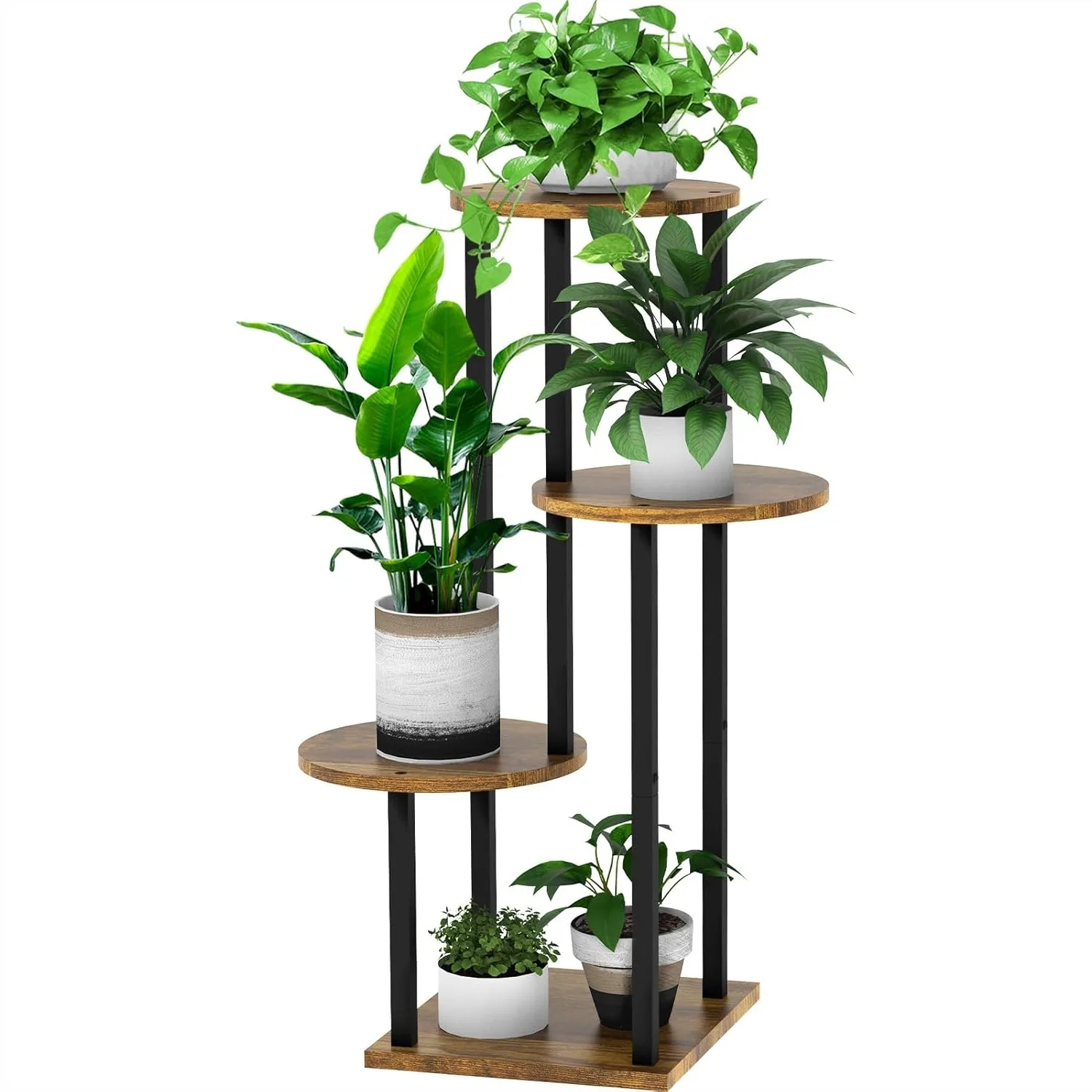 

4 Tier Wood Tall Plant Stand Metal Rack Indoor, Multiple Flower Pot Holder Shelves Corner Rack, Round Planter Shelf Display for