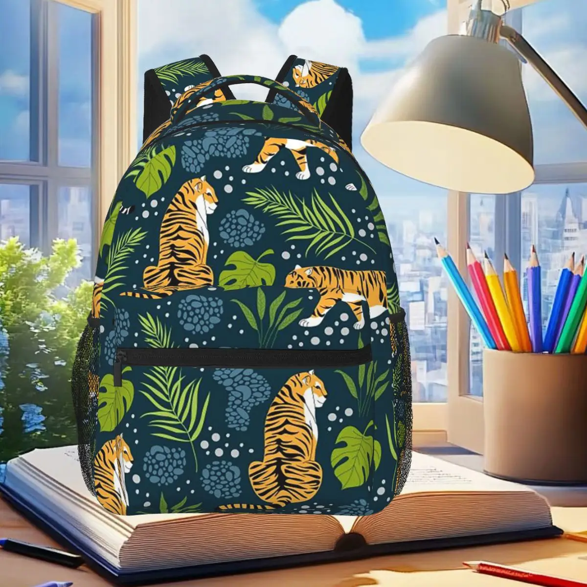 Jungle Tiger And Tropical Floral Pattern Backpack Student Boys Girls BookBag Kids School Bag Laptop Shoulder Bags for Men Women