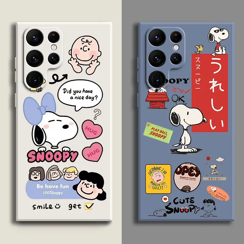 New Cartoon Snoopy Case For Funda Samsung Galaxy S23 S22 S21 S20 FE 5G S10E S10 S9 S8 Note 10 Plus 20 Ultra Square Liquid Cover