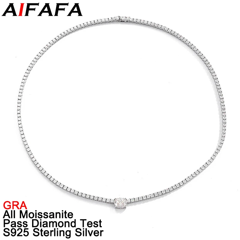 AIFAFA 4 Carat All Moissanite Tennis Chain Necklace for Women Sparkle Radiant Cut S925 Silver Neck Jewelry Pass Diamond Test GRA