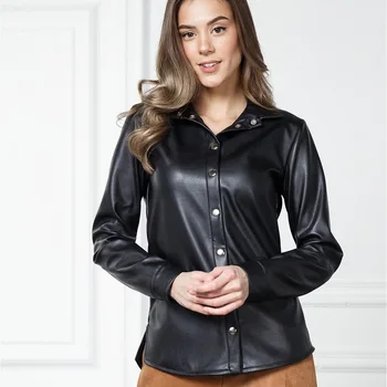 Chemises décontractées en cuir Pu pour femmes, manches longues, col rabattu, bureau, mode, hauts élégants, couleur unie, vêtements féminins