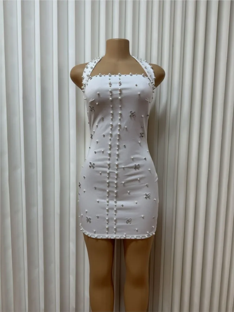 

Package Hip Vestidos Slim Party Dresses Bodycon Backless Halter Neck Diamonds Nail Beads Elegant Temperament Banquet Solid Color
