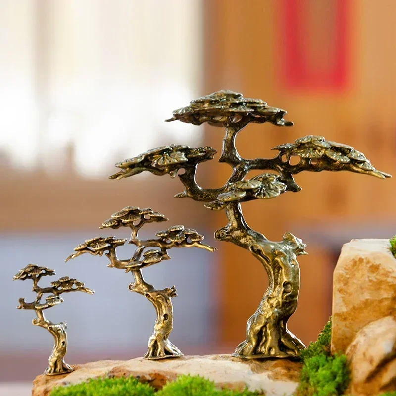 Brass Welcoming Pine Tree Miniature Figurine Copper Faux Tree Decor for Bonsai Tree Statues Miniature Landscape Decorations