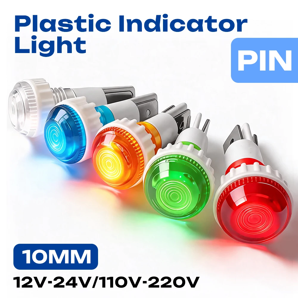 FILN 3PCS 10mm Plastic LED Indicator Light 12V 24V 220V 2 PIN Plug-in Signal Lamp for Car Boat Marine Industrial Control Panel