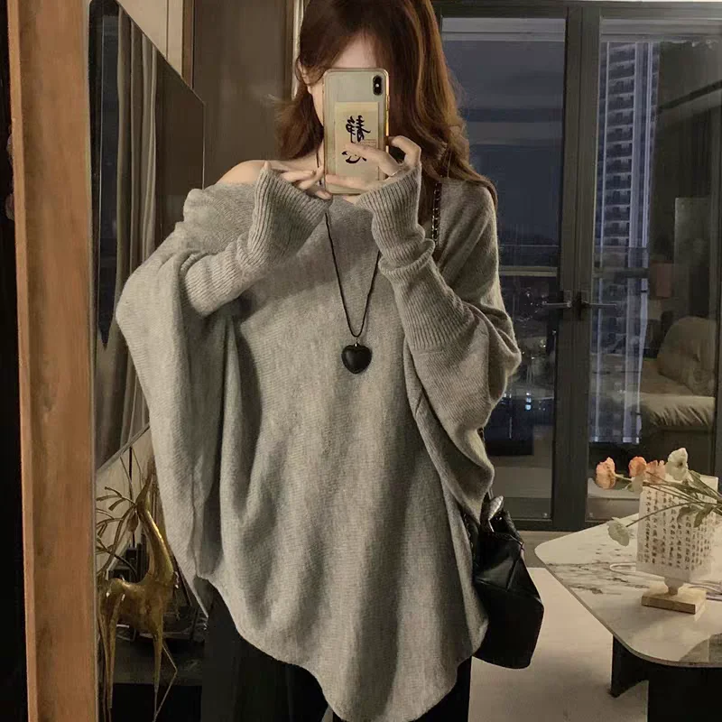 Maglione con scollo a V stile pigro 2025 - Pullover lavorato a maglia con maniche a pipistrello, top dal design asimmetrico invernale, camicetta casual oversize Y2K, goccia