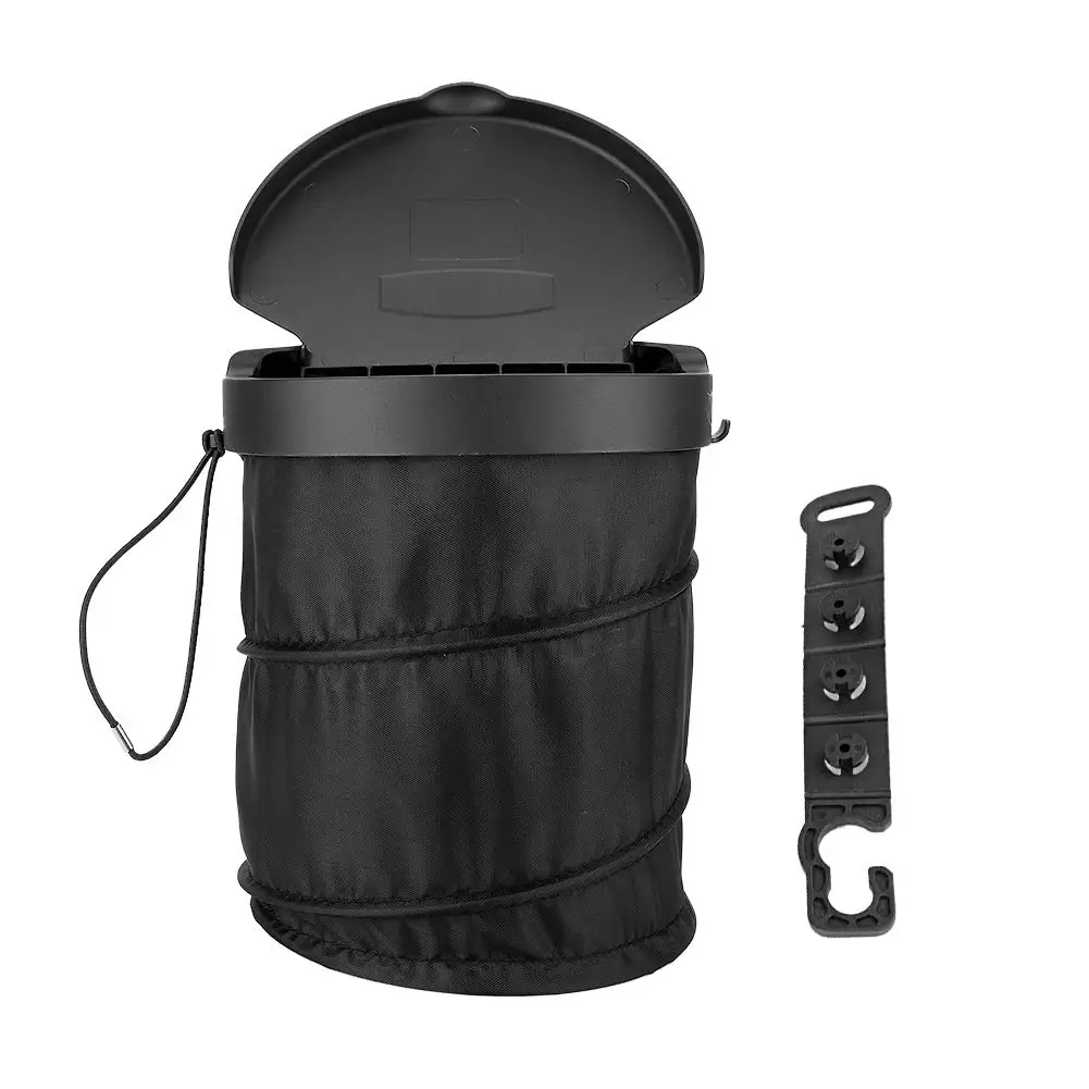 

Foldable Car Trash Bin With Lid, Spill-Proof Oxford Cloth Garbage Container, Hanging Hook Included, Universal Black Design