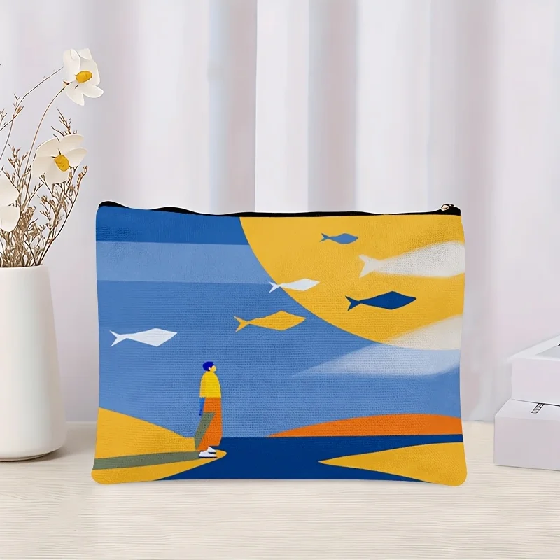 1 Piece of Blue and Yellow Gradient Seascape Illustration, Fish School and Silhouette Pattern Makeup Bag - Multifunctional Zipper Pouch for Women, Perfect Travel Zipper Storage Bag, Fun Birthday Gift