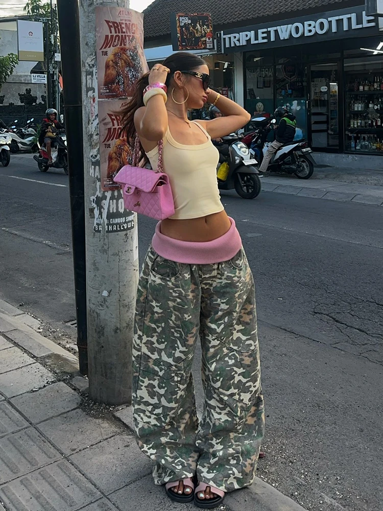 REDDACHiC Fold Over Waist Camouflage Jeans Women Retro Color Block Rib Knit Carrot Fit Wide Leg Denim Pants Hip Hop Streetwear