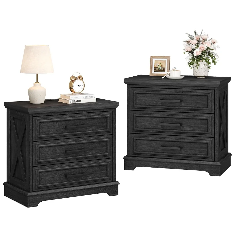 24 Inch Wide Farmhouse Nightstands Set of 2 with Charging Station, Dark Gray Nightstand with 3 Large Drawers, Rustic