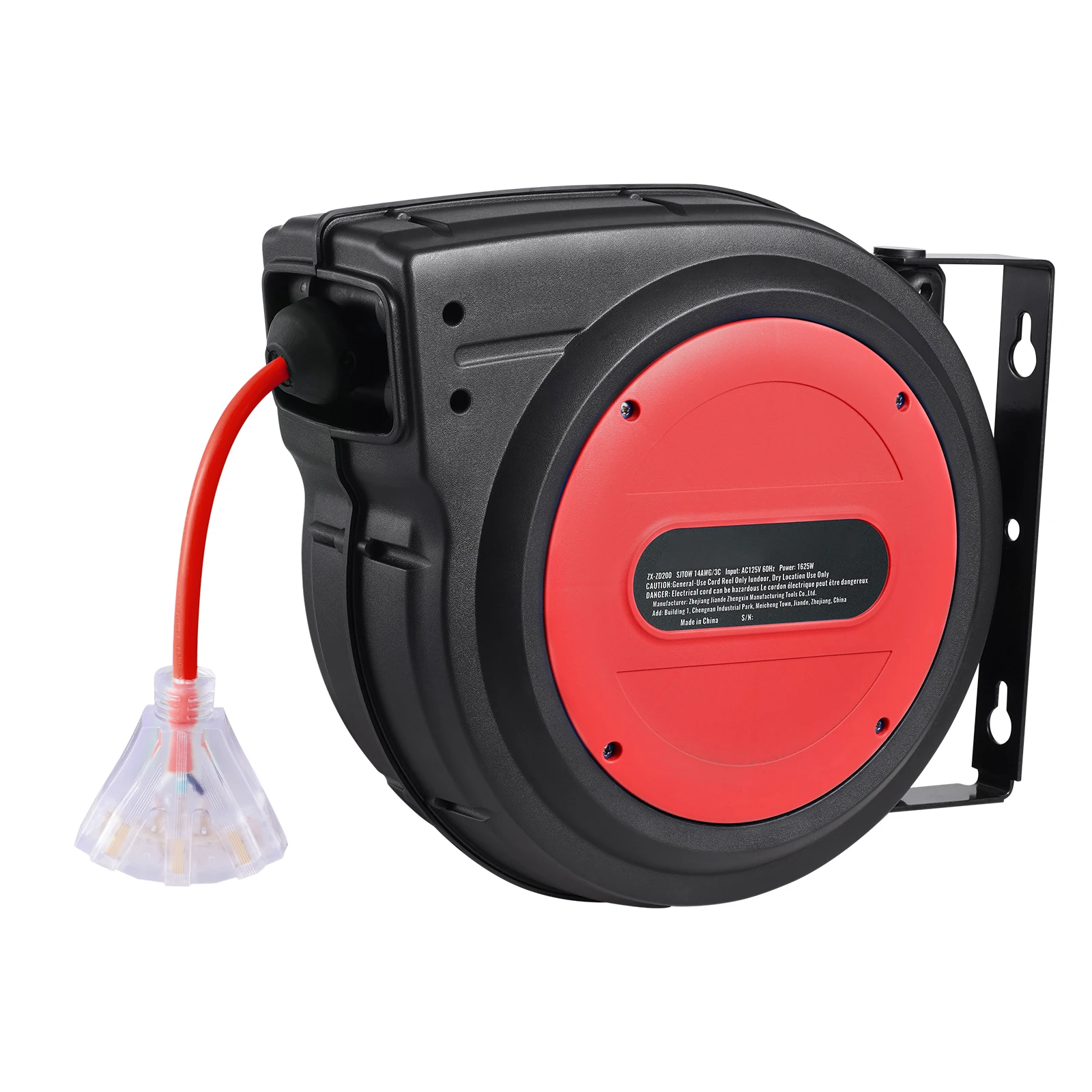 Retractable Extension Cord Reel, 75 FT, Heavy-Duty 14AWG/3C SJTOW Retractable Power Cord with Lighted Triple Tap Outlet, 13 Amp Circuit Breaker 180 °   Swivel Bracket for Ceiling or Wall Mount
