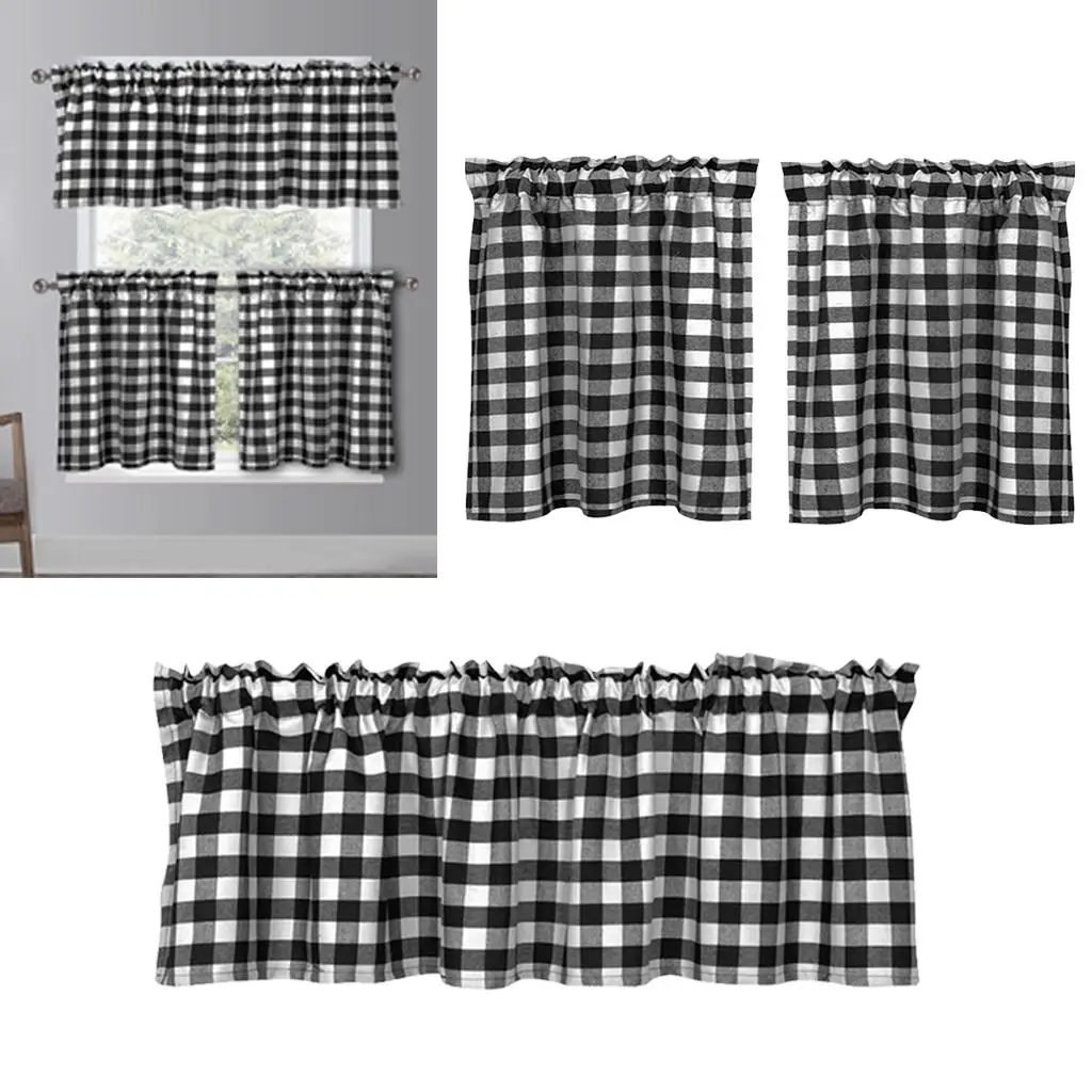 Black and White Grid Sheer Tier Curtains ,Short Kitchen Tiers ,Bathmroom Panels