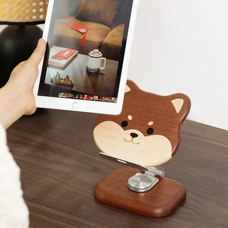 Shiba Inu Dog Wooden Phone Stand Adjustable Tablet Holder Folding Desktop Support for Office Reading Cocoa Color Rotating