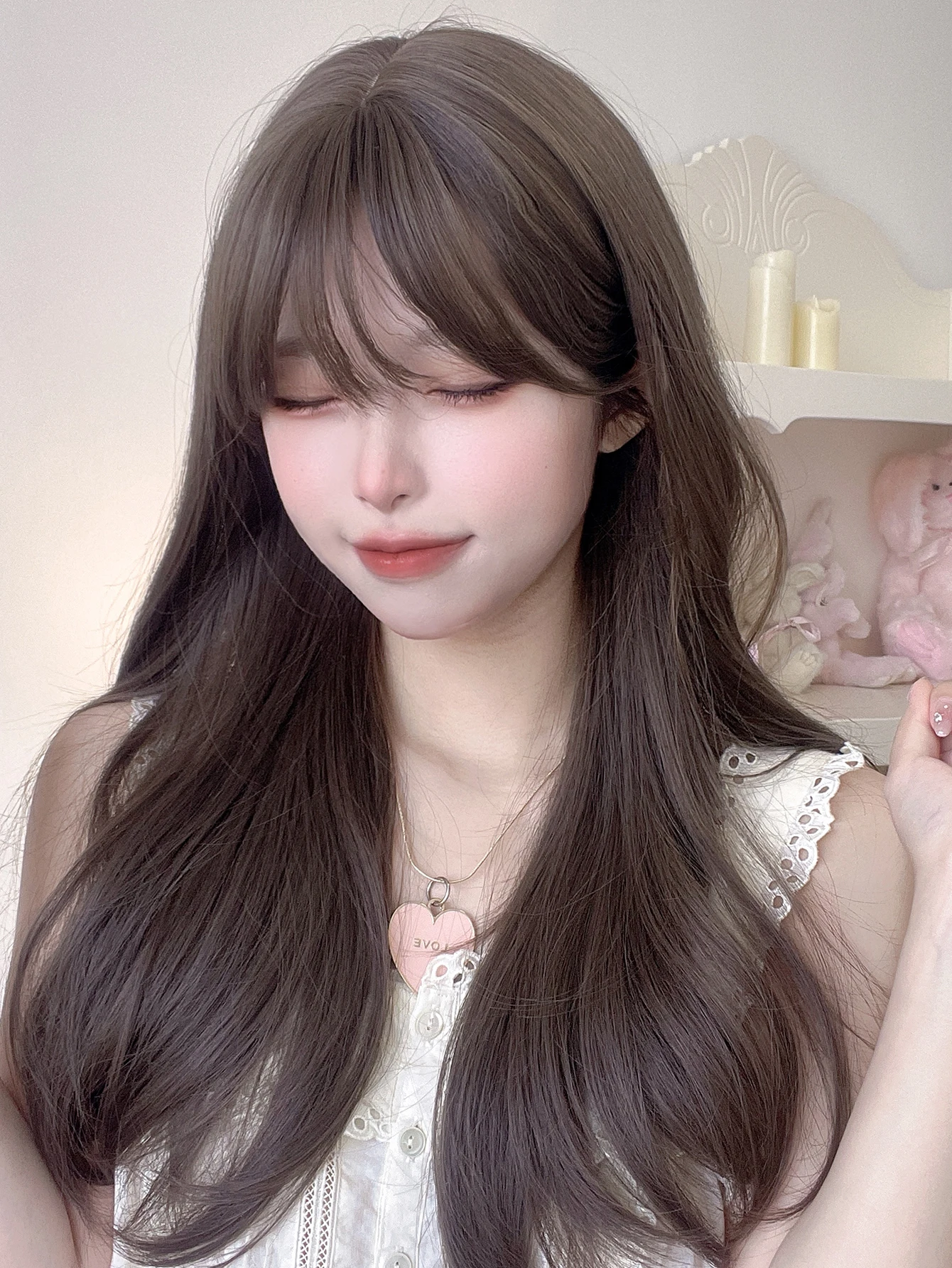 24Inch Lolita Cool Brown Synthetic Wigs with Bangs Long Natural Straight Hair Wig for Women Daily Use Drag Queen Heat Resistant