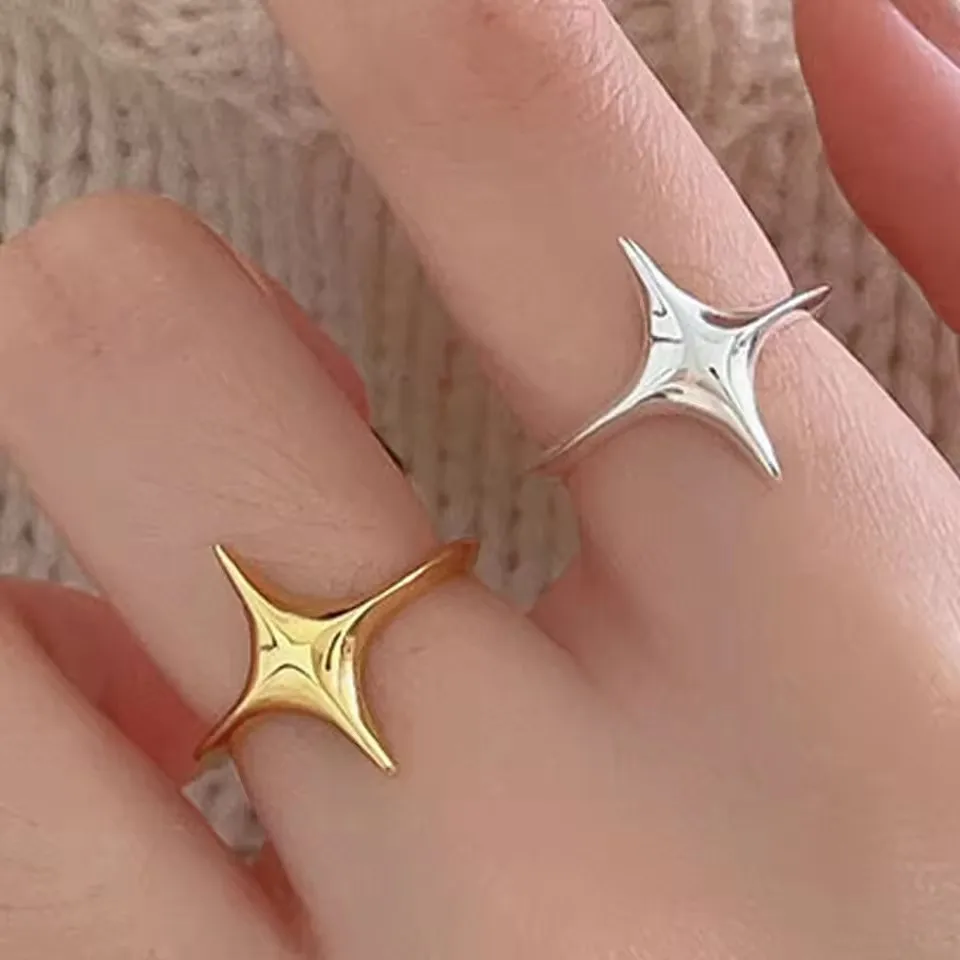 925 Sterling Rings for Women Simple Geometric Handmade Irregular Retro Ring Gold Star Fashion Allergy For Birthday Gift