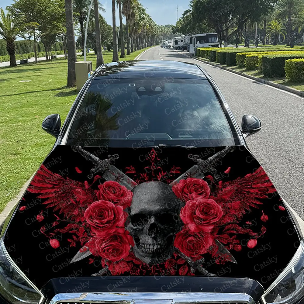

Car Decal Gothic Culture-Inspired Combination of Winged Skull, Red Roses and Cross Accents Car Hood Sticker, Waterproof Self - A