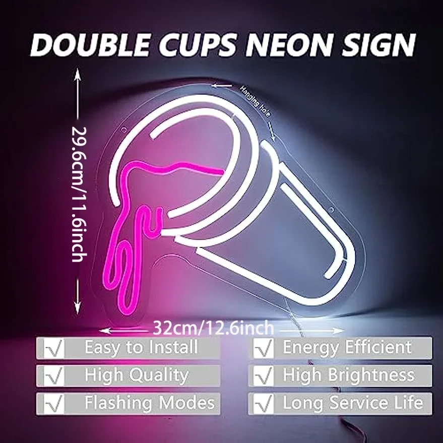 Double Cups White Neon LED Lights Signs Dimmable Neon Light USB for Kitchen Bedroom Kids Room Cafe Decor Cute Sweet Lighting