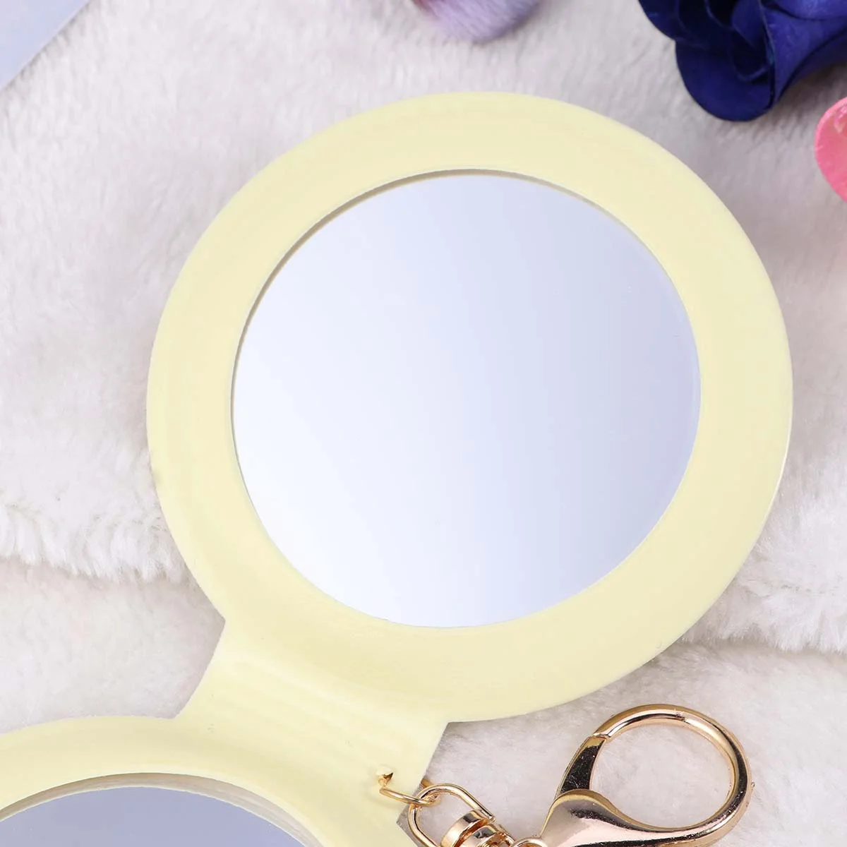 Mini Pocket Makeup Mirror Yellow PU Frame Foldable Double Sides Portable Compact for Women Gifts