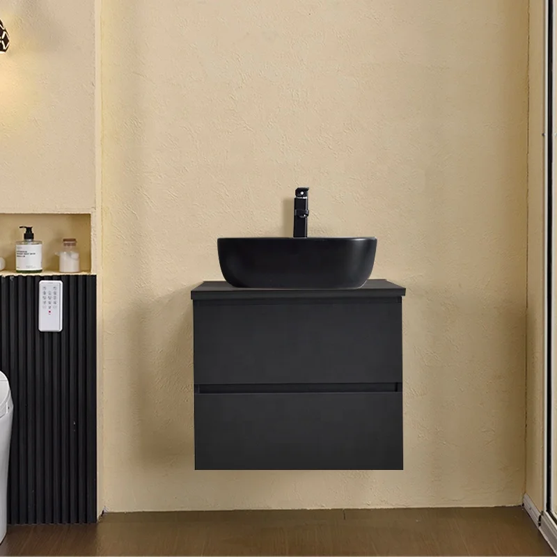 

Black Wood Bathroom Vanity Floating Bathroom Vanity Cabinet With Drawer and Black Ceramic Basin Customizable