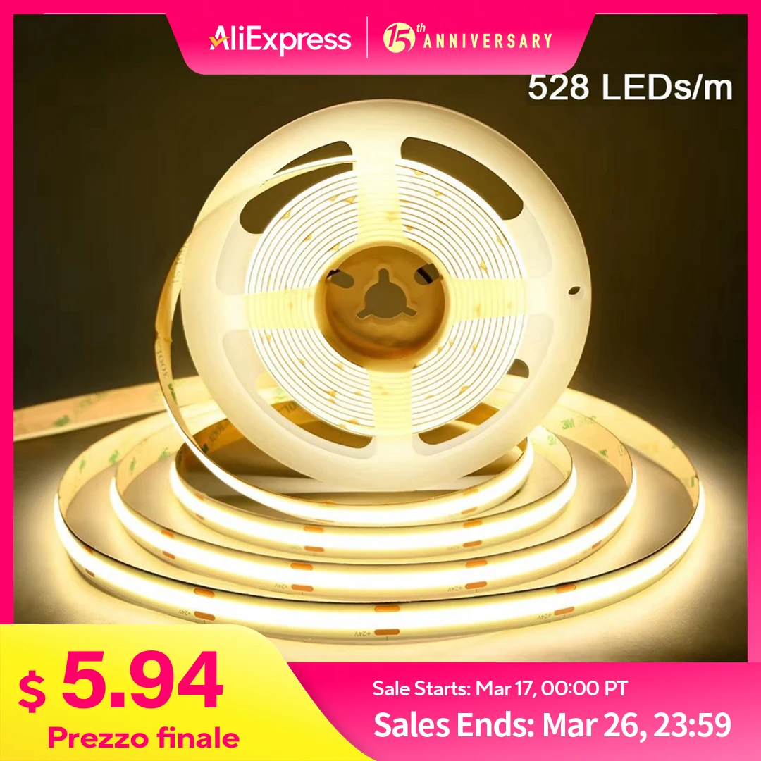 Linear Dimmable 24V 12V COB LED Strip Light 10mm 528LEDs Flexible LED Tape Ribbon RA90 For Room Decor 3000K 4000K 6500K Lighting