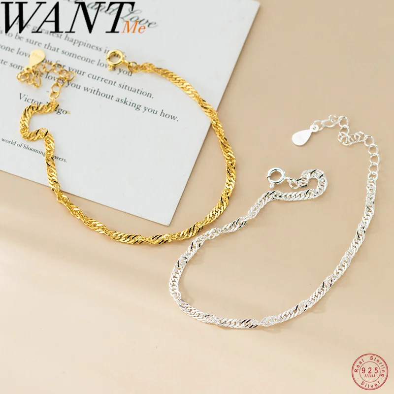 WANTME 925 Sterling Silver Simple Punk Twist Water Wave Chain Charm Bracelet for Women Gothic Men Wrist Accessories Jewelry