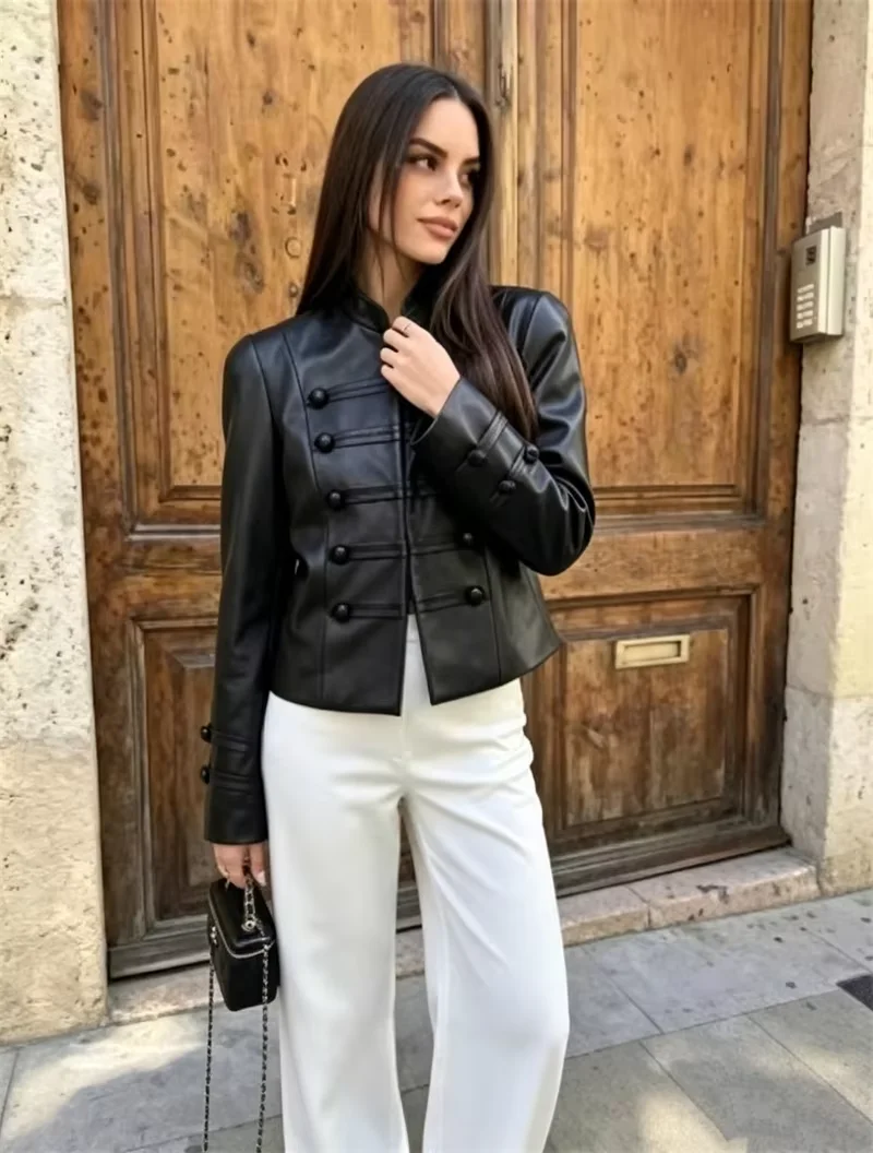 Guobioziy 2026 Fall New Women's Short Jacket with Stand Collar Long Sleeves Button Decoration Street-Style Slim Fit Coat
