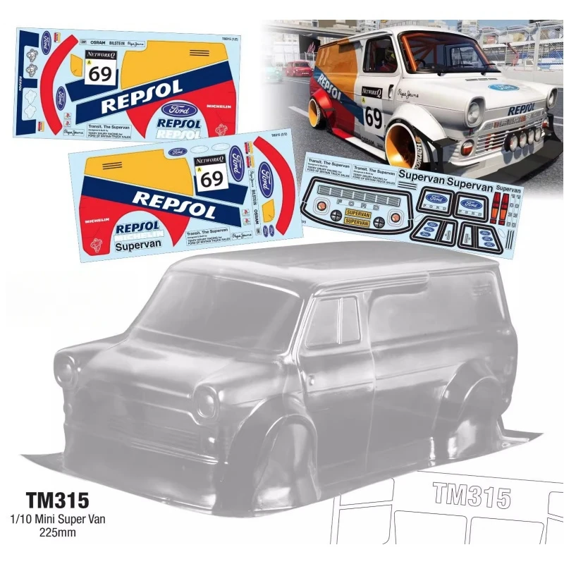 Nadwozia TeamC 225mm Mini nadwozie 1/10 Ford Super Van jasne Lexan i naklejki z Logo do 225mm Tamiya M-podwozie