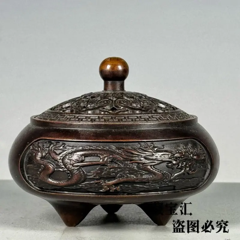 Old Collection Handmade Dragon Phoenix Three Legged Ding Incense Burner Pure Brass Xu Mark Home Collectible Statue Sculpture