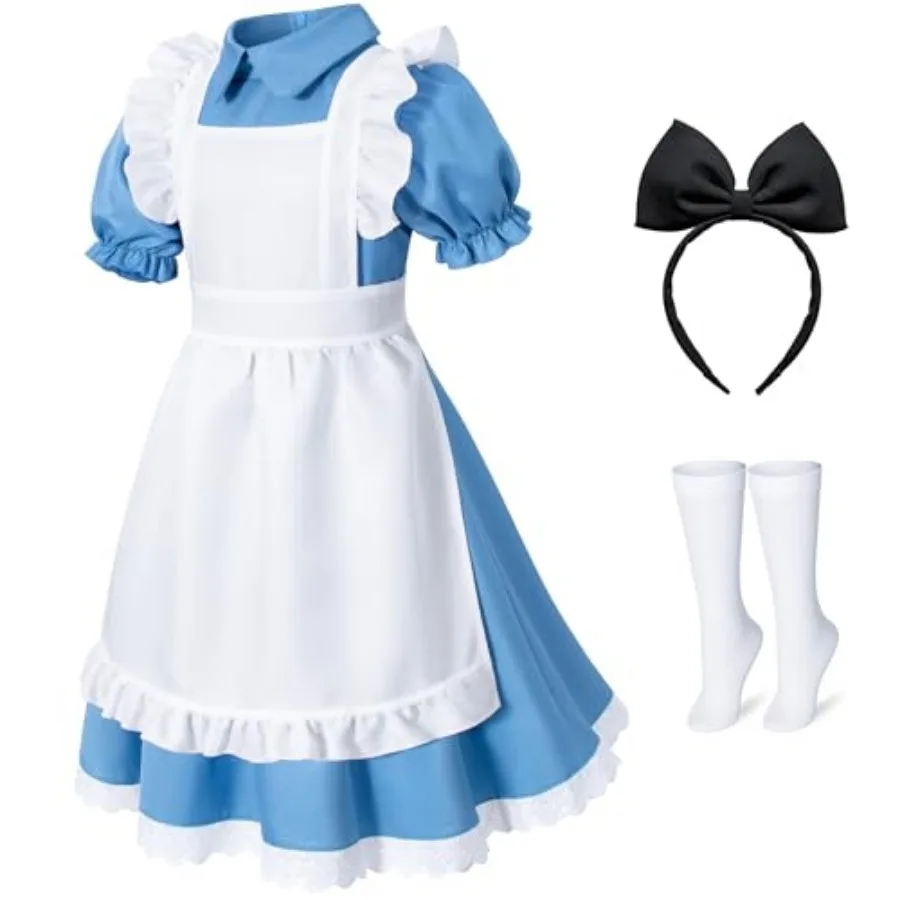 

Irtysh Girl Dress White Apron Halloween Cosplay Costume With Bow Hair Band Stockings Set
