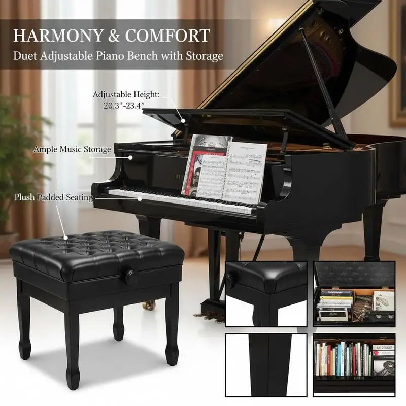 Duet Keyboard Bench 29.5" x 14" x 20.3" For Music Studio Home Practice Performance Room, Adjustable Height Padded Cushion Music Book Storage Compartment Wooden Furniture Seat Bedroom Vanity Use view 7