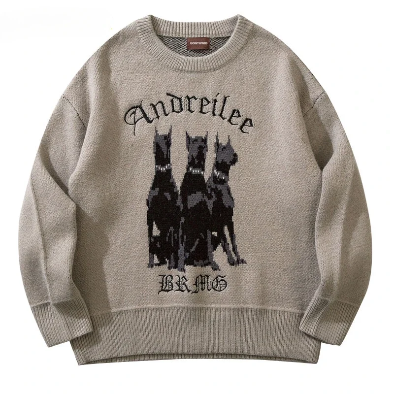 

Men Vintage Sweater Y2K Streetwear Hip Hop Vintage Knitted Doberman Dog Sweaters Autumn Harajuku Fashion Retro Casual Sweaters