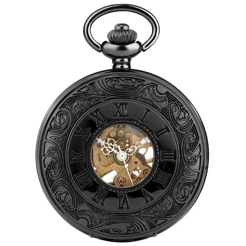Steampunk Black Handwinding Mechanical Skeleton Pocket Watch for Men Women Pendant Chain Clock Carving Roman Number Timepiece