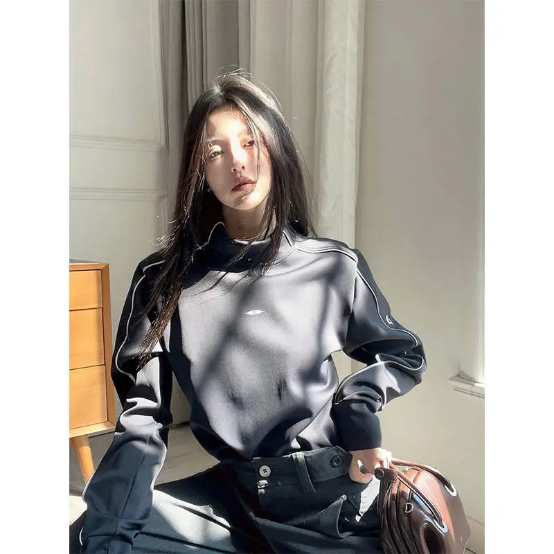 

New Slim Design Spring And Autumn Korean Version Retro Stand-Up Collar Sweatshirt Age-Reducing Niche Design High-End Top