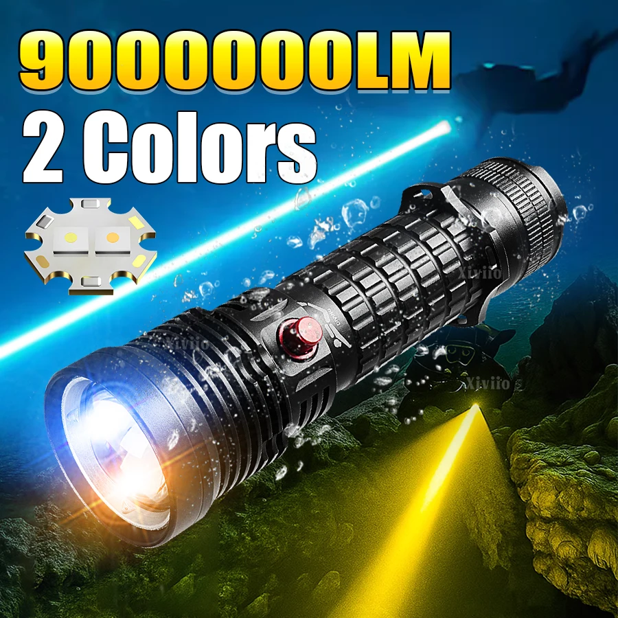 

9000000LM Underwater Lantern White/Yellow Light Waterproof Professional Diving Flashlight Underwater Lighting 600m Diving Torch
