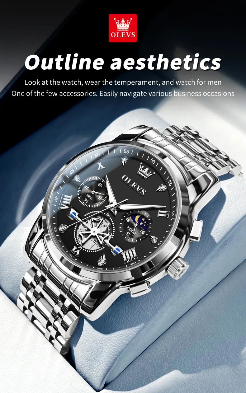 OLEVS 2856 Quartz Watch for Men Flywheel Skeleton Chronograph Moon Phase Multifunctional Stainless Steel Men's Wristwatches