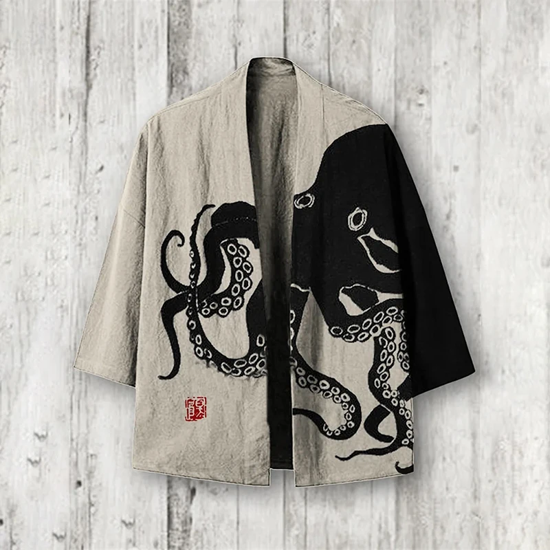 Men's Casual Kimono Style Octopus Print 0 Japanese Letter Print Yukata Cardigan Summer Women's Harajuku Loose Front Open Shirt